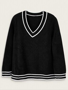 NWT Talbots Tipped Shaker Stitch V Neck Sweater Black White PP 2X